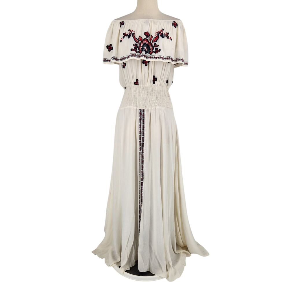 RAGA Off the Shoulder Ruffle Embroidered Maxi Dress Ivory Medium - Picture 2 of 11